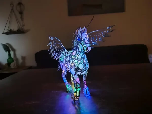 Sea glass pegasus, winged horse or unicorn figurine night light, openwork wire + stained glass, unique upcycled art - Image 6