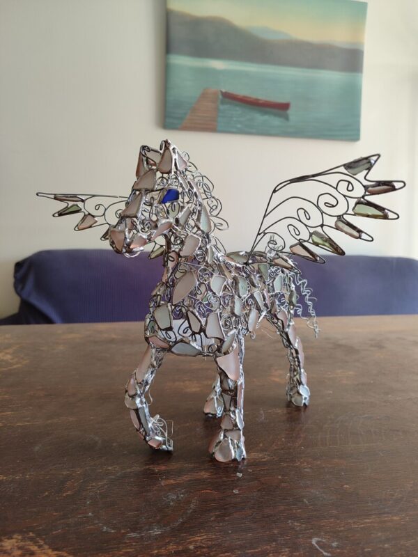 Sea glass pegasus, winged horse or unicorn figurine night light, openwork wire + stained glass, unique upcycled art - Image 13