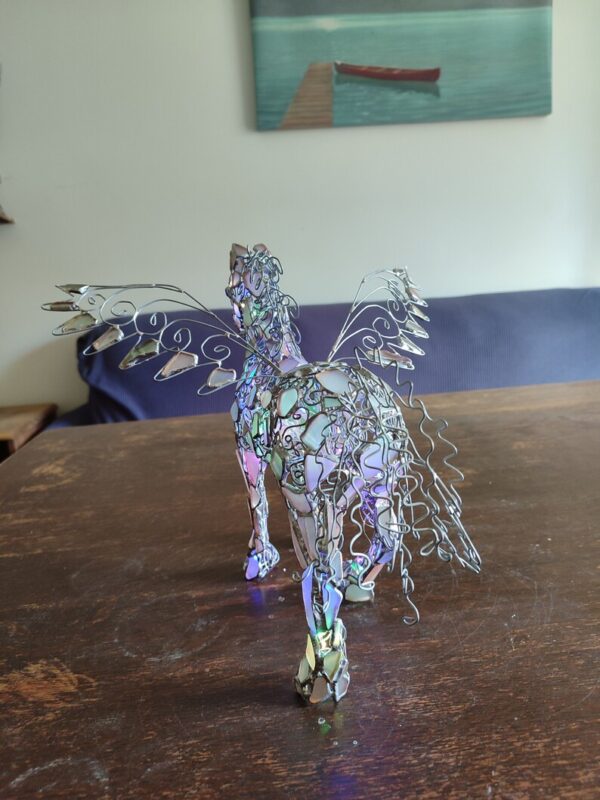 Sea glass pegasus, winged horse or unicorn figurine night light, openwork wire + stained glass, unique upcycled art - Image 10