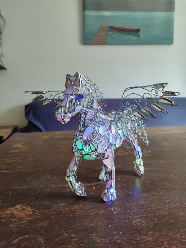 Sea glass pegasus, winged horse or unicorn figurine night light, openwork wire + stained glass, unique upcycled art - Image 7