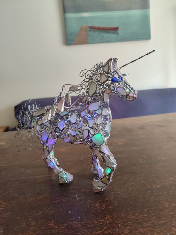 Sea glass pegasus, winged horse or unicorn figurine night light, openwork wire + stained glass, unique upcycled art - Image 2