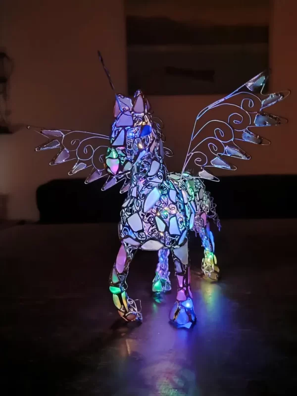 Sea glass pegasus, winged horse or unicorn figurine night light, openwork wire + stained glass, unique upcycled art