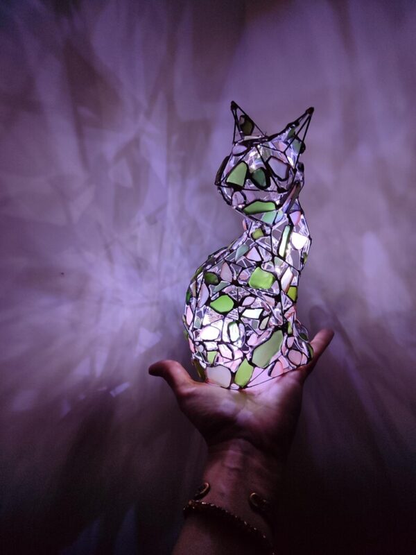 Abstract cat figurine sea glass art, openwork kitty statue night light, unique polygonal cat lamp - Image 3