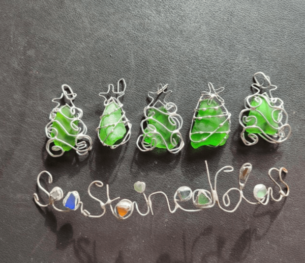 Sea glass Christmas tree jewelry, necklace or keychain or ornament, chunky statement green art pendant or brooch