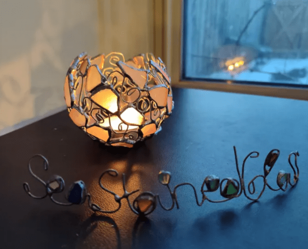 Sea glass votive candle holder, openwork stained glass tealight holder, recycled art - Image 8