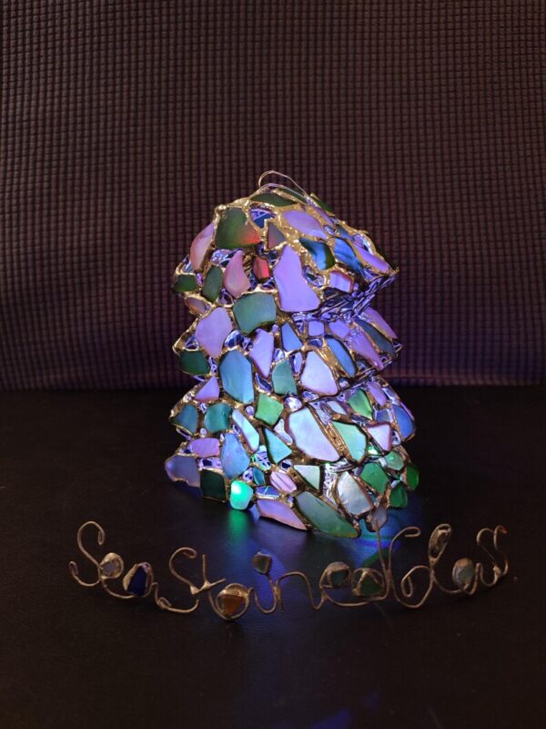 Sea glass green-white, "snowy" Christmas tree with colored lights, stained glass figurine, night light, recycled art - Image 7