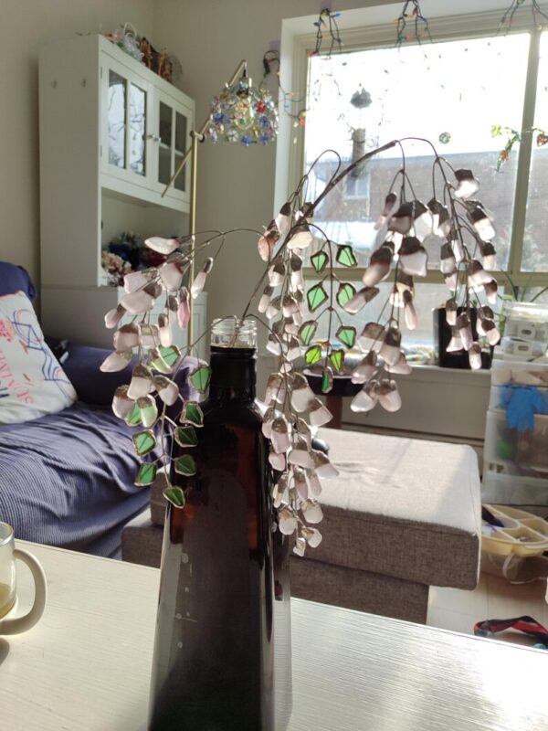 Sea glass wisteria twig, light violet blossom branch art, artificial glass flowers - Image 3