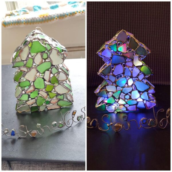 Sea glass green-white, "snowy" Christmas tree with colored lights, stained glass figurine, night light, recycled art