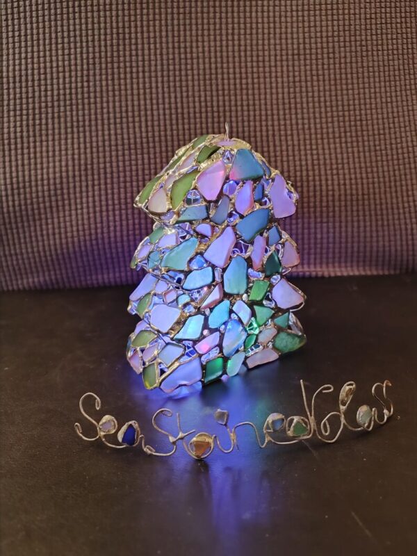 Sea glass green-white, "snowy" Christmas tree with colored lights, stained glass figurine, night light, recycled art - Image 9