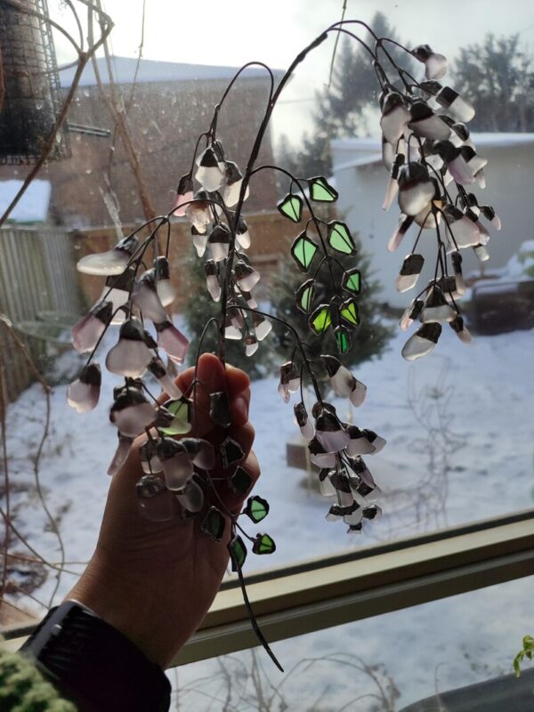 Sea glass wisteria twig, light violet blossom branch art, artificial glass flowers - Image 4