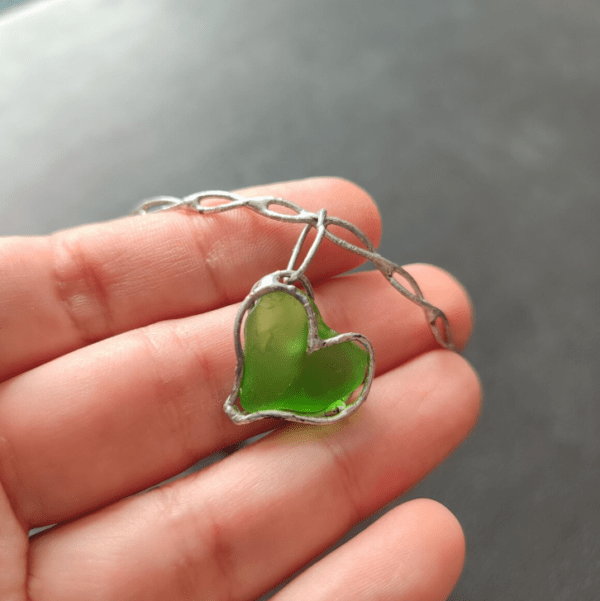 Green sea glass heart bracelet or necklace, unique bijoux art jewelry pendant