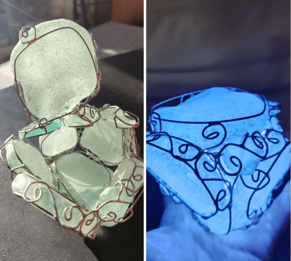 Massive sea glass jewelry box night light, aqua blue beach glass art, unique