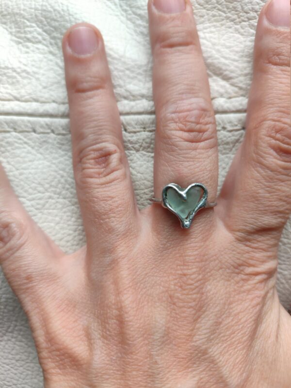 Sea glass aqua blue heart ring, unique art jewelry (about 7.5-8, 17-18 mm)