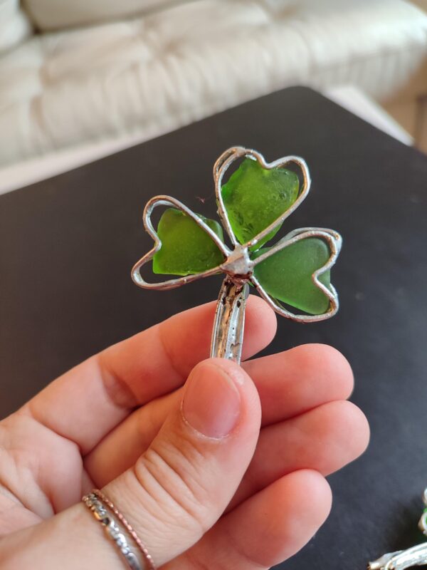 Shamrock clover sea glass brooch or necklace, four or three leaf clover statement jewelry, wearable art - Image 6