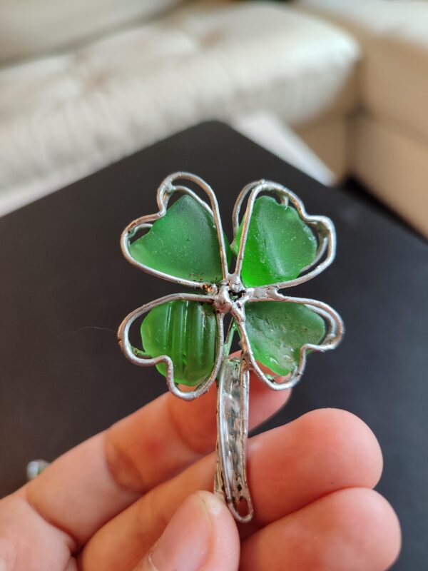 Shamrock clover sea glass brooch or necklace, four or three leaf clover statement jewelry, wearable art - Image 5