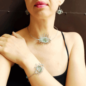 Sea glass eye jewelry set, unique necklace, bracelet and earrings, wearable art