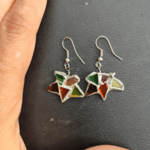 Stained glass autumn maple leaf drop earrings, rough and heavy, bijou earwire, boho beach jewelry