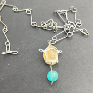 Yellow-blue sea glass necklace, unique costume jewelry, statement art necklace