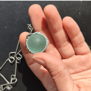 Aqua blue sea glass marble necklace, unique costume jewelry, statement art necklace