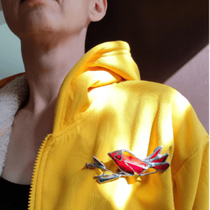 Red bird brooch, big stained glass statement jewelry, wearable art