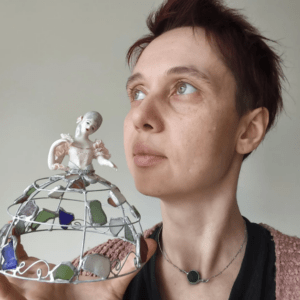 Upcycled doll earring stand, sea glass table suncatcher, trash art figurine