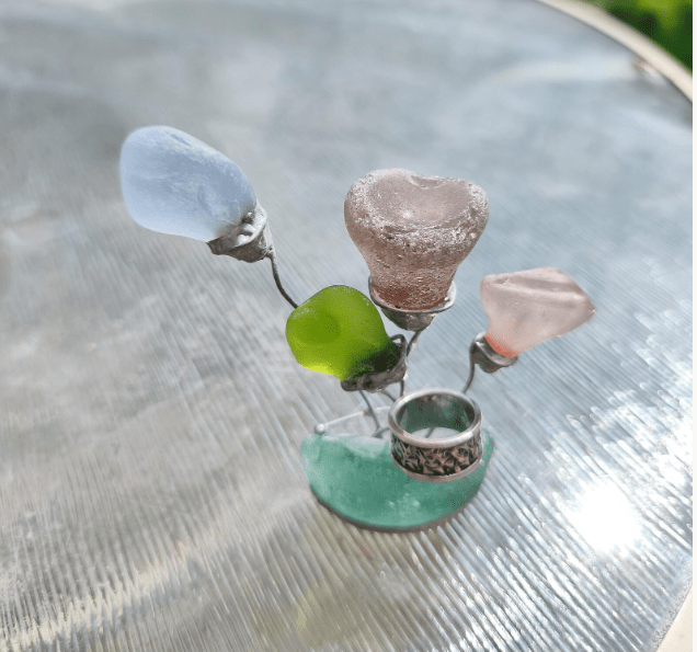 Sea glass miniature fantasy flowers, unique flower composition ring dish, only one art decor - Image 4
