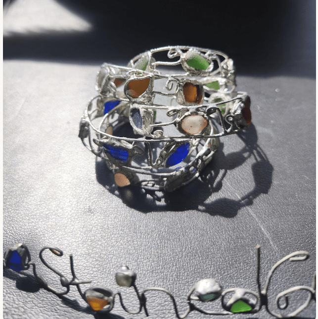 Sea glass cuff bracelet, rough and heavy, stained glass summer bracelet, recycled art jewelry - Image 15