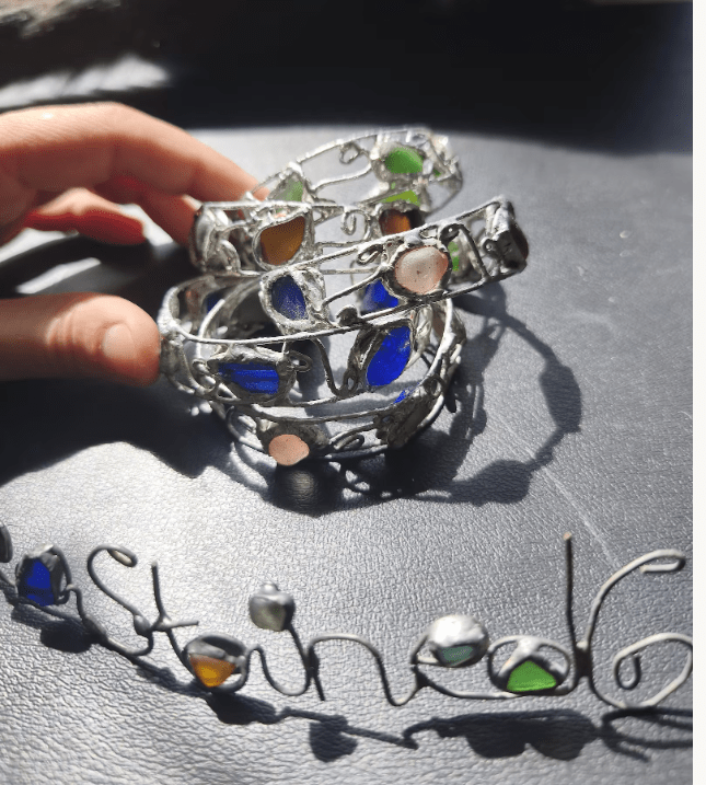 Sea glass cuff bracelet, rough and heavy, stained glass summer bracelet, recycled art jewelry - Image 14