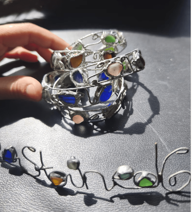 Sea glass cuff bracelet, rough and heavy, stained glass summer bracelet, recycled art jewelry - Image 13