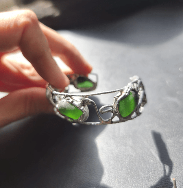 Sea glass cuff bracelet, rough and heavy, stained glass summer bracelet, recycled art jewelry - Image 11