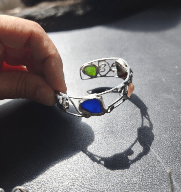 Sea glass cuff bracelet, rough and heavy, stained glass summer bracelet, recycled art jewelry - Image 10