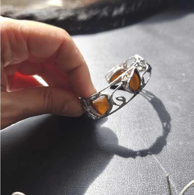 Sea glass cuff bracelet, rough and heavy, stained glass summer bracelet, recycled art jewelry - Image 8