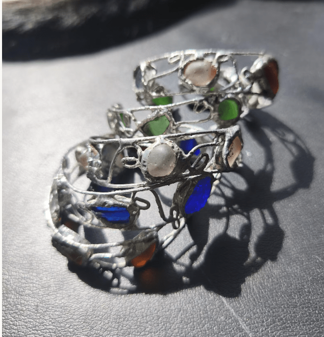 Sea glass cuff bracelet, rough and heavy, stained glass summer bracelet, recycled art jewelry - Image 7