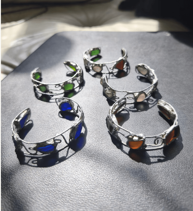 Sea glass cuff bracelet, rough and heavy, stained glass summer bracelet, recycled art jewelry - Image 6