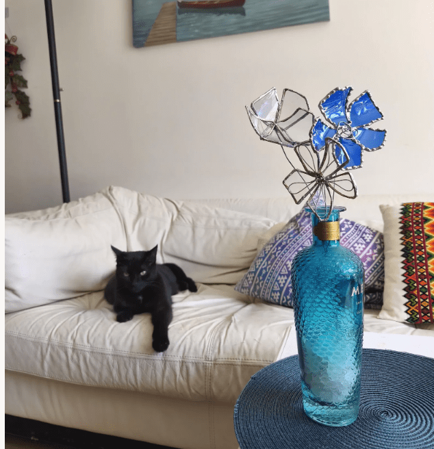 big glass flowers blue and white