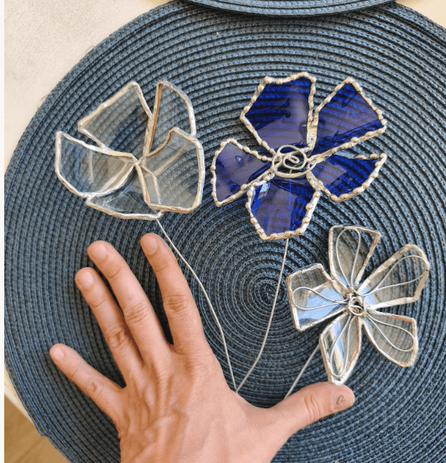 Set of 3 blue and white big glass flowers, bottle glass upcycled botanical art - Image 11