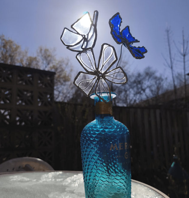 Set of 3 blue and white big glass flowers, bottle glass upcycled botanical art - Image 10