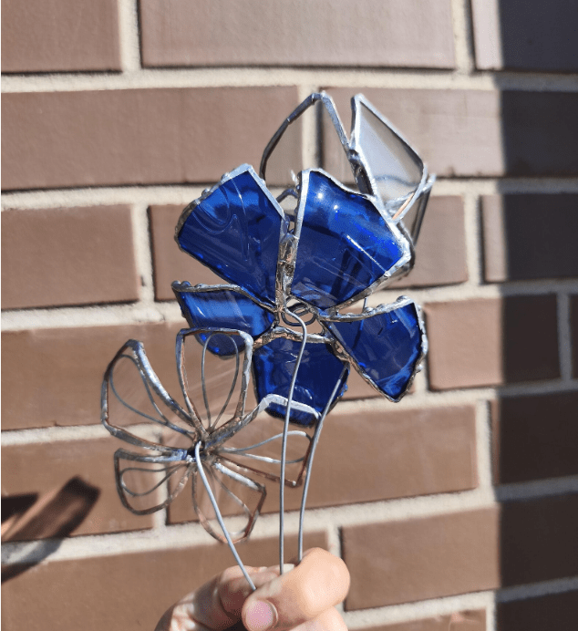 Set of 3 blue and white big glass flowers, bottle glass upcycled botanical art - Image 9