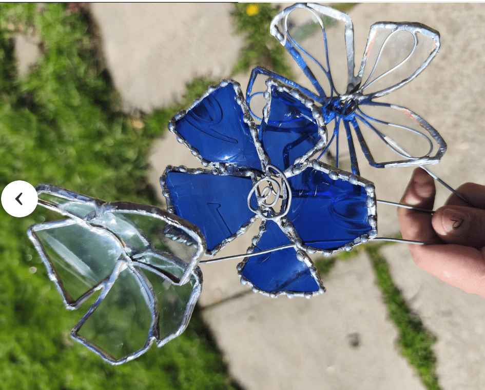 Set of 3 blue and white big glass flowers, bottle glass upcycled botanical art - Image 7
