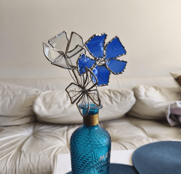 Set of 3 blue and white big glass flowers, bottle glass upcycled botanical art - Image 6
