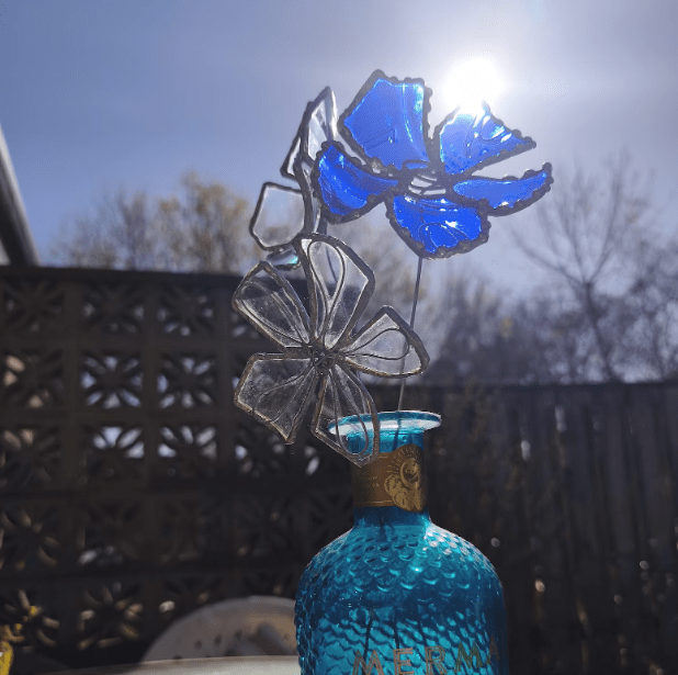 Set of 3 blue and white big glass flowers, bottle glass upcycled botanical art - Image 5