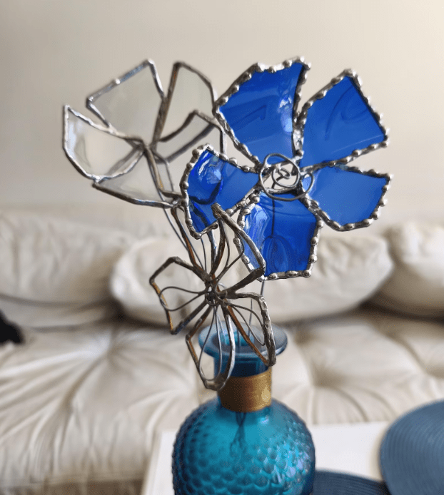 Set of 3 blue and white big glass flowers, bottle glass upcycled botanical art - Image 4