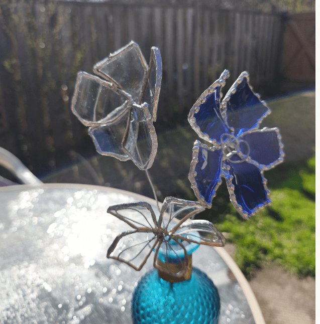 Set of 3 blue and white big glass flowers, bottle glass upcycled botanical art - Image 3
