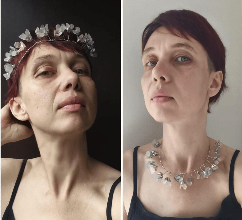 Sea glass tiara or necklace, flowery crown, wreath wedding headpiece, aqua lilac white beach glass - Image 14