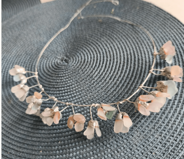 Sea glass tiara or necklace, flowery crown, wreath wedding headpiece, aqua lilac white beach glass - Image 13