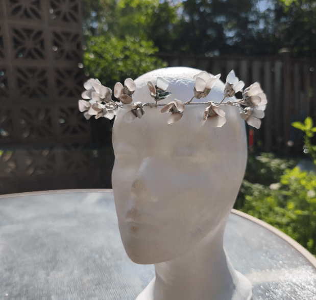 Sea glass tiara or necklace, flowery crown, wreath wedding headpiece, aqua lilac white beach glass - Image 12