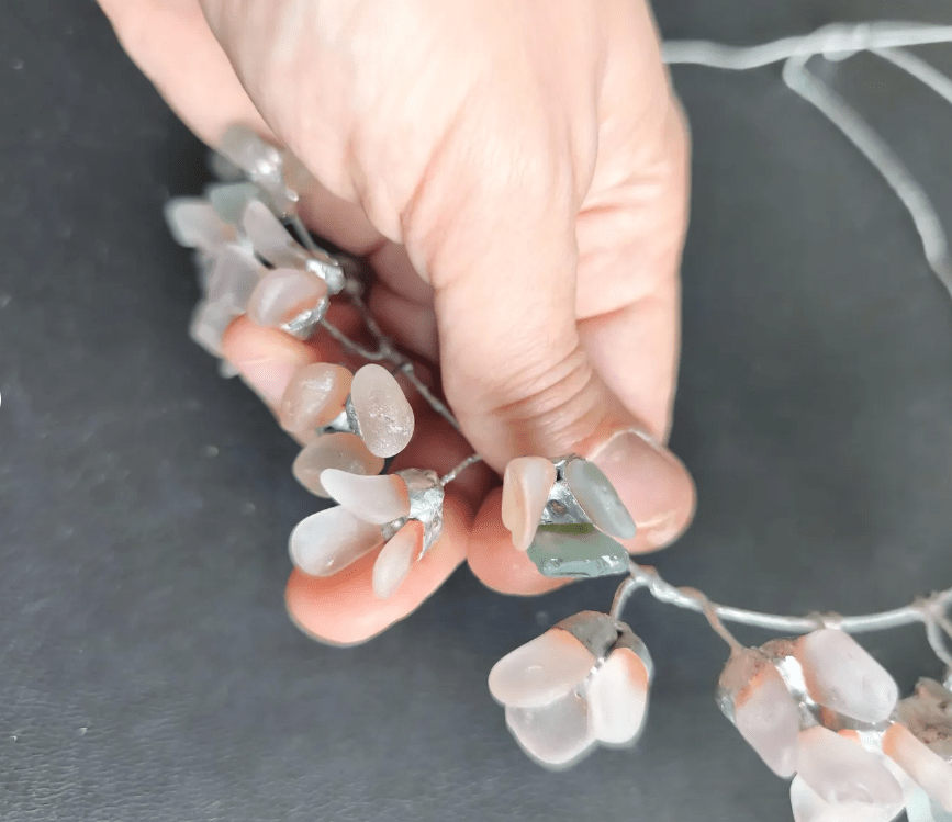 Sea glass tiara or necklace, flowery crown, wreath wedding headpiece, aqua lilac white beach glass - Image 6