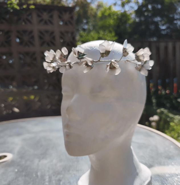 Sea glass tiara or necklace, flowery crown, wreath wedding headpiece, aqua lilac white beach glass - Image 5