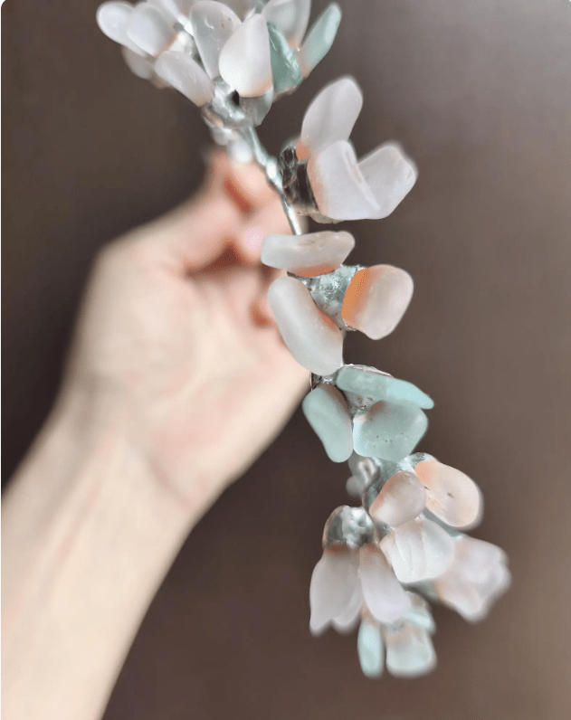 Sea glass tiara or necklace, flowery crown, wreath wedding headpiece, aqua lilac white beach glass - Image 4