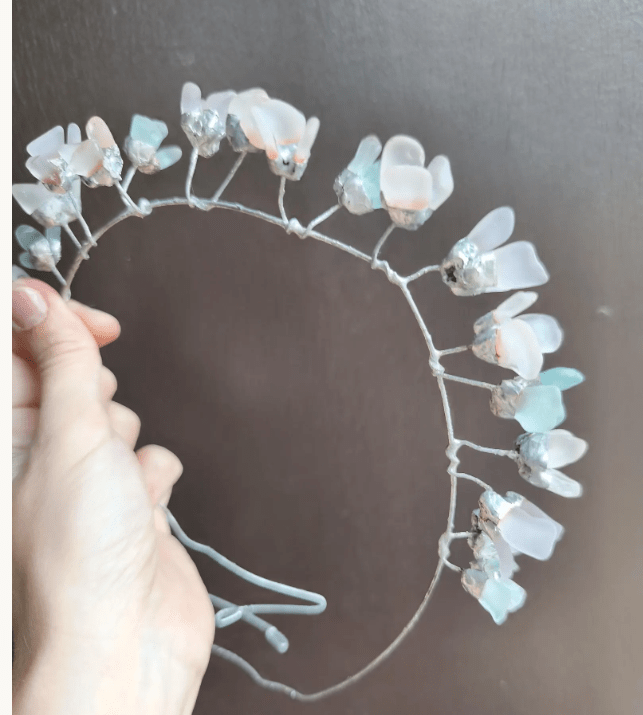Sea glass tiara or necklace, flowery crown, wreath wedding headpiece, aqua lilac white beach glass - Image 2